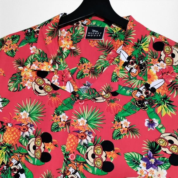 Disney Other - Disney Mickey Mouse Hawaiian Shirt‎ Mens XXL Red Tropical Floral Button Up Aloha
